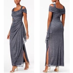 Alex Evenings Cold Shoulder Glitter Mesh Smoke Dress Draped Skirt Cowl Neckline
